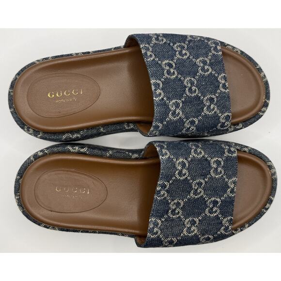 Gucci Cloth Mule Platform Blue Denim Monogram Sandals Size 35 US 5 MSRP $590 - Picture 2 of 9